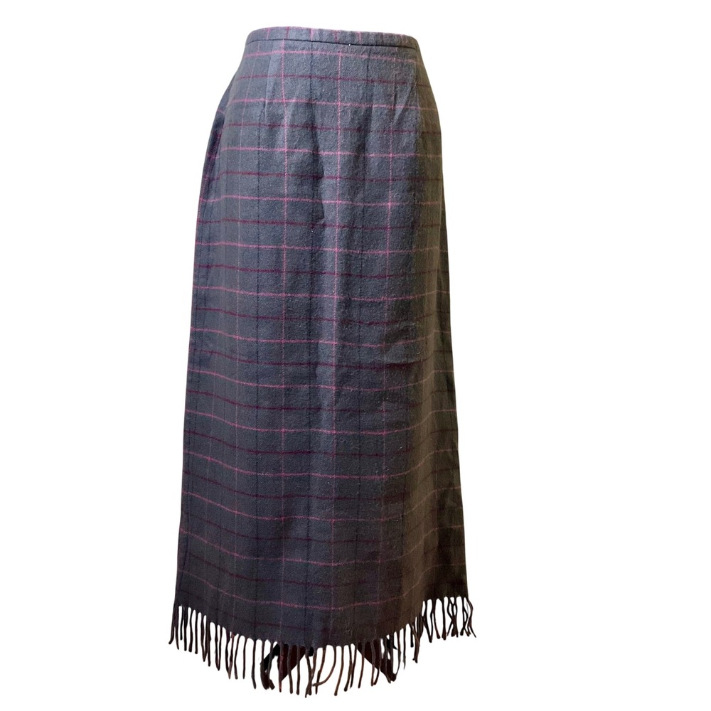 VTG 80s Laura Scott Plaid Fringed Hem Maxi Skirt Sz 14 Dark Academia Made in USA